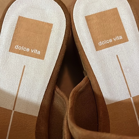 Dolce Vita Women's Dorado Open Toe Clogs Suede Leather Wood Heels Gold Hardware - Picture 9 of 14